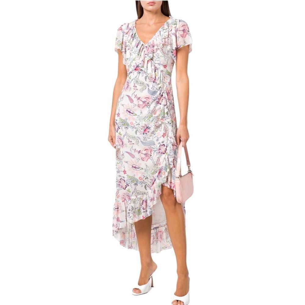 CINQ À SEPT Sheila‎ Floral Ruffle-Trim Midi Dress Size 2 V-Neck Flutter Sleeve